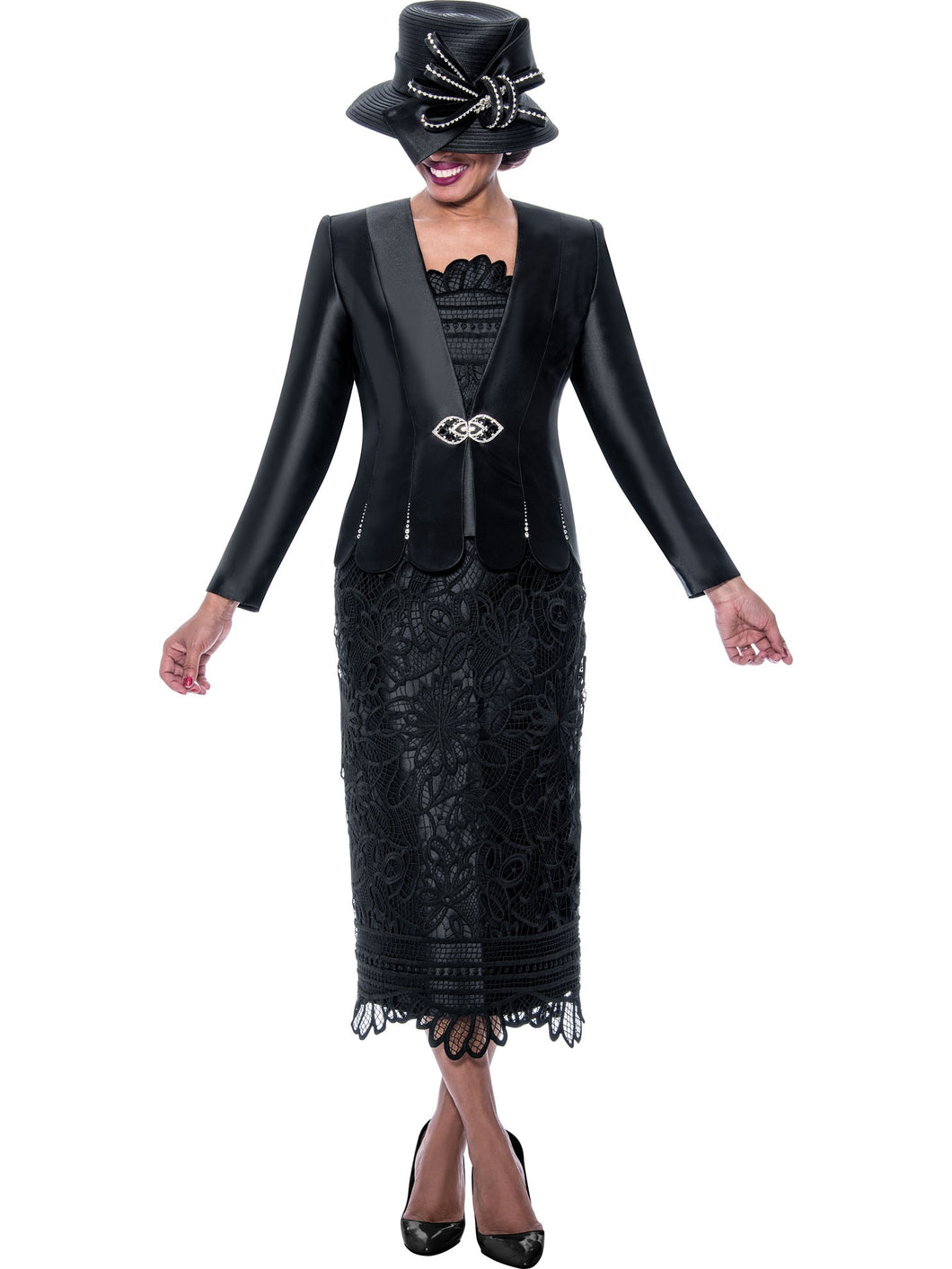 Ben Marc 2003.Three Piece Skirt Set in Beautiful Lace and Twill Combination. Available in Black color in Sizes 12-24. Hats sold separately.