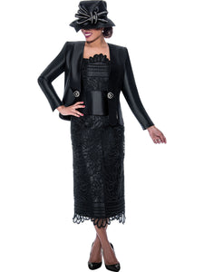 Ben Marc 2003.Three Piece Skirt Set in Beautiful Lace and Twill Combination. Available in Black color in Sizes 12-24. Hats sold separately.