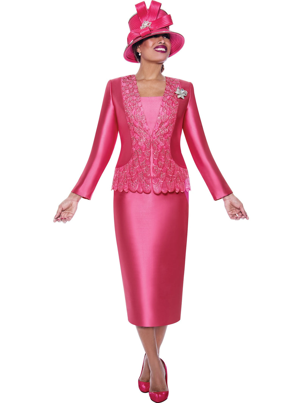 Ben Marc 2023. Three Piece Skirt Set in Beautiful Lace and Twill Combination. Available in Hot Pink color in Sizes 10-24.