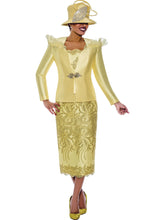 Ben Marc 2043.Three Piece Skirt Set in Beautiful Lace and Twill Combination. Available in Yellow color in Sizes 8-24.