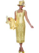 Ben Marc 2043.Three Piece Skirt Set in Beautiful Lace and Twill Combination. Available in Yellow color in Sizes 8-24.