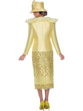 Ben Marc 2043.Three Piece Skirt Set in Beautiful Lace and Twill Combination. Available in Yellow color in Sizes 8-24.