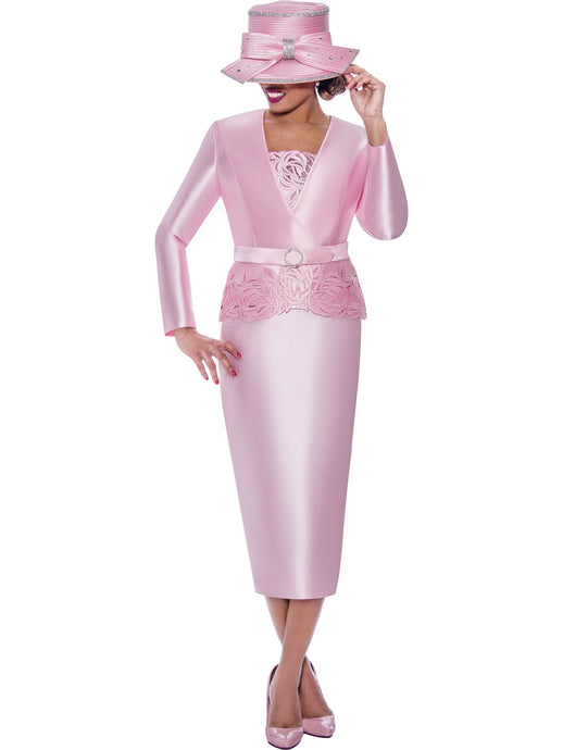 Ben Marc 2143. Three Piece Skirt Set in Beautiful Twill and Cutout Embellishment with Rhinestone Buckle Belt. Available in Pink color in Sizes 10-24