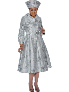 DCC5111. Beautiful Jacquard Dress with Baby Collar and Pleated Skirt and Belt. Available in Silver and Tangerinein Sizes 10-18 and 16W-26W. Hat sold separately. One size only.