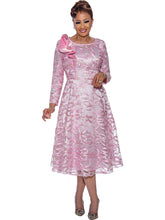 Dorinda Clark Cole-DCC5271. Beautiful Dress with Shoulder Ruffle and Brooch Embellishment in Soutache Lace Fabric.  Available in Pink color in Women's Sizes 16W-26W.