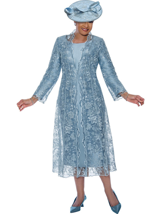 Dorinda Clark Cole-DCC5312. 2Pc Lace Duster Jacket and Twill Dress. Available in Blue color in Sizes 8-18 and 16W-30W