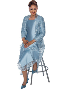 Dorinda Clark Cole-DCC5312. 2Pc Lace Duster Jacket and Twill Dress. Available in Blue color in Sizes 8-18 and 16W-30W