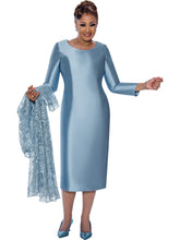 Dorinda Clark Cole-DCC5312. 2Pc Lace Duster Jacket and Twill Dress. Available in Blue color in Sizes 8-18 and 16W-30W