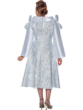 DCC5341-Dress by Dorinda Clark Cole. Beautiful Dress with Enhanced Belted Sleeves and Shoulder Bows in Jacquard and Twill Fabric. Available in White / Silver color in Sizes 8-18 and 16W-24W.