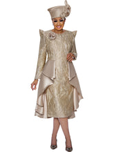 Dorinda Clark Cole-DCC5391. Special Occasion Jacquard Dress with Enhanced Sleeves and Rhinestone Embedded Rose Flower Brooch. Available in Silver and Champagne color in Sizes 8-18 and 16W-26W