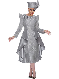 Dorinda Clark Cole-DCC5391. Special Occasion Jacquard Dress with Enhanced Sleeves and Rhinestone Embedded Rose Flower Brooch. Available in Silver and Champagne color in Sizes 8-18 and 16W-26W