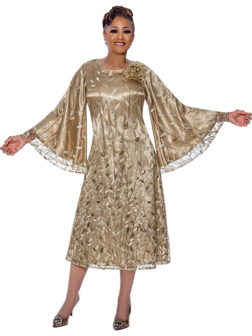 Dorinda Clark Cole-DCC5511. Beautiful Dress with Enhanced Flared Sleeves in Novelty Border Embroidery Lace Fabric. Available in Champagne color in Women's Sizes 8-18 and 16W-26W.