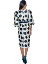 DN12331. Polka Dots Sash Belted Dress With Balloon Sleeves and Rose Brooch Available in Navy/White in Women's Sizes 16W-26W