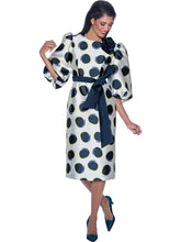 DN12331. Polka Dots Sash Belted Dress With Balloon Sleeves and Rose Brooch  Available in Navy/White in Missy Sizes 8-18