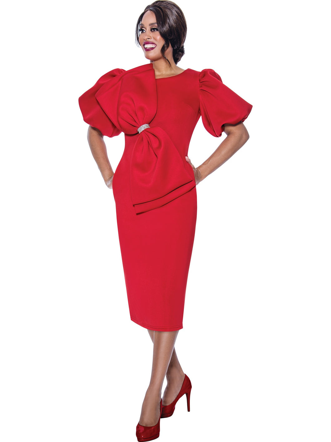 DN12351- Short Puff Sleeves Scuba Women's size Dress with Beautiful Large Bow Design Trimmed with Rhinestone Accent. . Available in Red color in plus Sizes 16W-18W