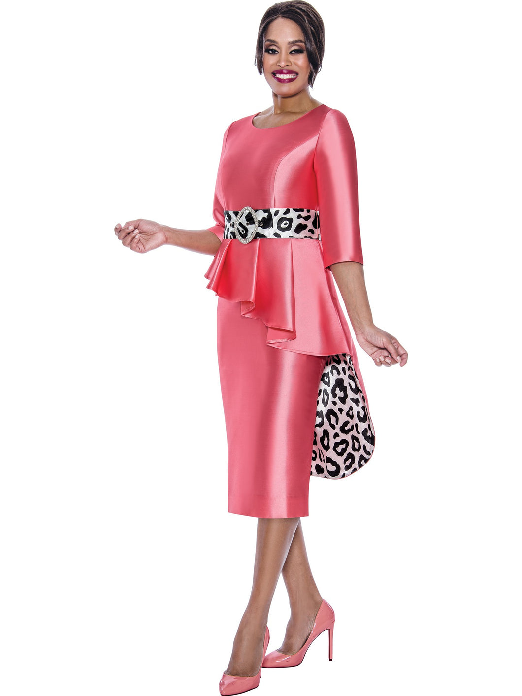  DN12411. Beautiful Women's Belted Hi Lo Dress with Animal Print Belt and Lining with Pleats Sides. Twill Fabric. Available in Coral in Plus Sizes 16W-24W