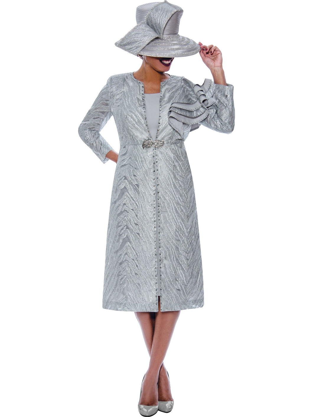 Divine Queen DQ2262. 2Pc Jacket and Dress Set in Ruffle Shoulder Duster Jacket with Jeweled Clasp Buckle.Available in Light Silver color in Sizes 8-18 and 16W-26W.