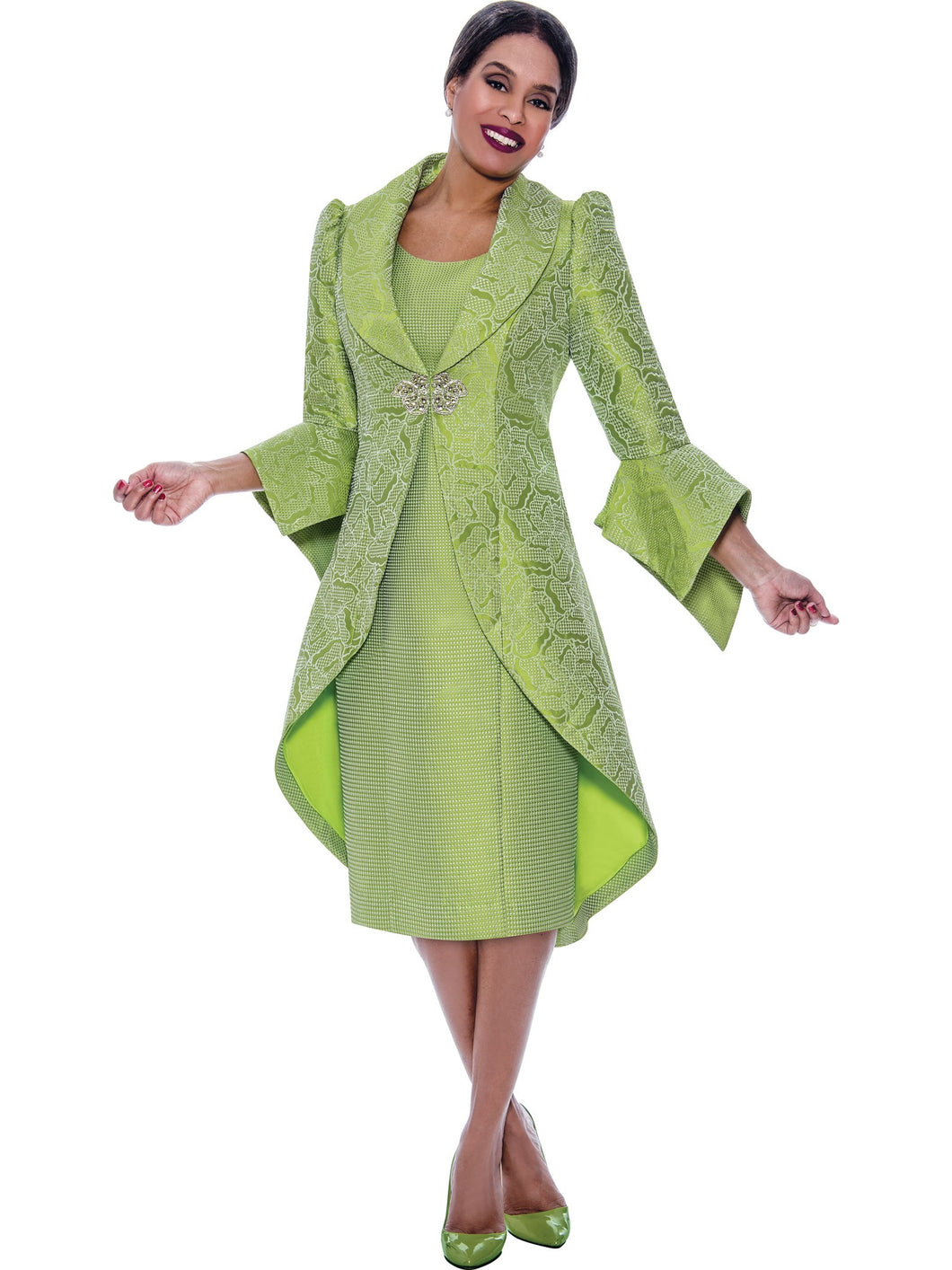 DQ2312. 2Pc Jacket and Dress Set. Beautiful Hi-Lo Jacket with Collared Neckline design. Available in  Lime color in Sizes 8-18 and 16W-28W.