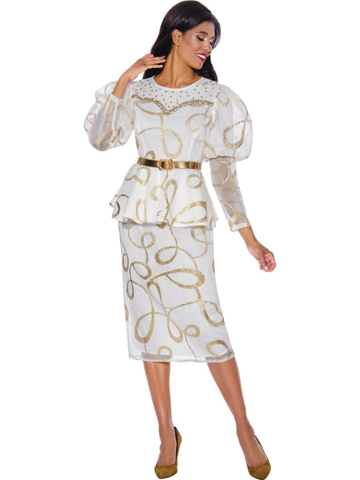 SL1862. 2Pc Jacket and Skirt Set. Belted Jacket with Rhinestone Sprinkle in Beautiful Print Mesh Fabric. Available in White/Gold color in Sizes 8-18