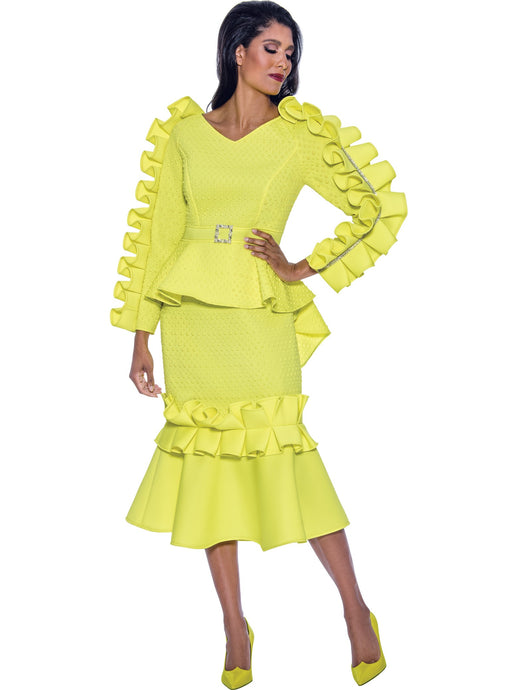 SL1911. 2Pc Jacket and Skirt Set With Ruffles Design and Rhinestone Trims. Available in Lime and White color in Sizes 8-18 and 16W-26W