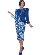 SL1922. 2Pc Jacket and Skirt Set. Beautiful Print Designed Skirt Suit with Rose Flower Brooch in LT . Available in Royal/White color in Women's Sizes 16W-26W. 