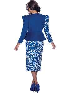 SL1922. 2Pc Jacket and Skirt Set. Beautiful Print Designed Skirt Suit with Rose Flower Brooch in LT . Available in Royal/White color in Women's Sizes 16W-26W.