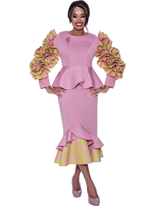 Stellar Looks 1971- One piece Scuba Dress  with polka dots, ruffle sleeves, peplum and rhinestone brooch. Great for holidays and special occasions. Available in Pink/Lime color in Missy Sizes 8-18 and Women's sizes (16W-26W).