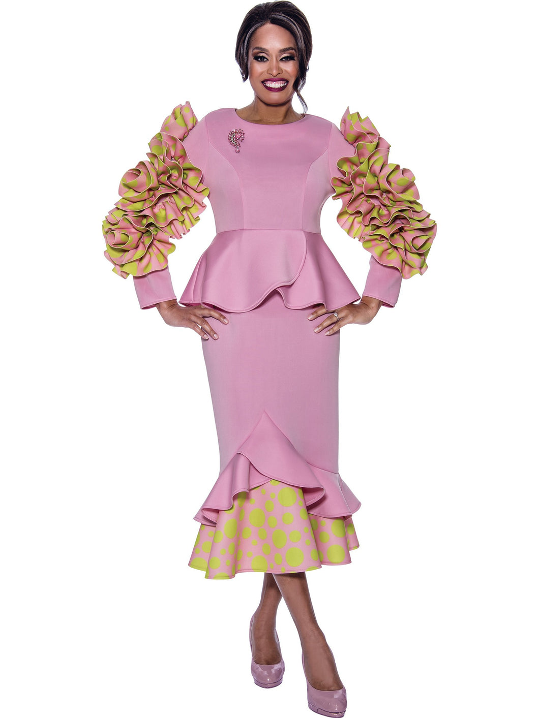 Stellar Looks 1971- One piece Scuba Dress  with polka dots, ruffle sleeves, peplum and rhinestone brooch. Great for holidays and special occasions. Available in Pink/Lime color in Missy Sizes 8-18 and Women's sizes (16W-26W).