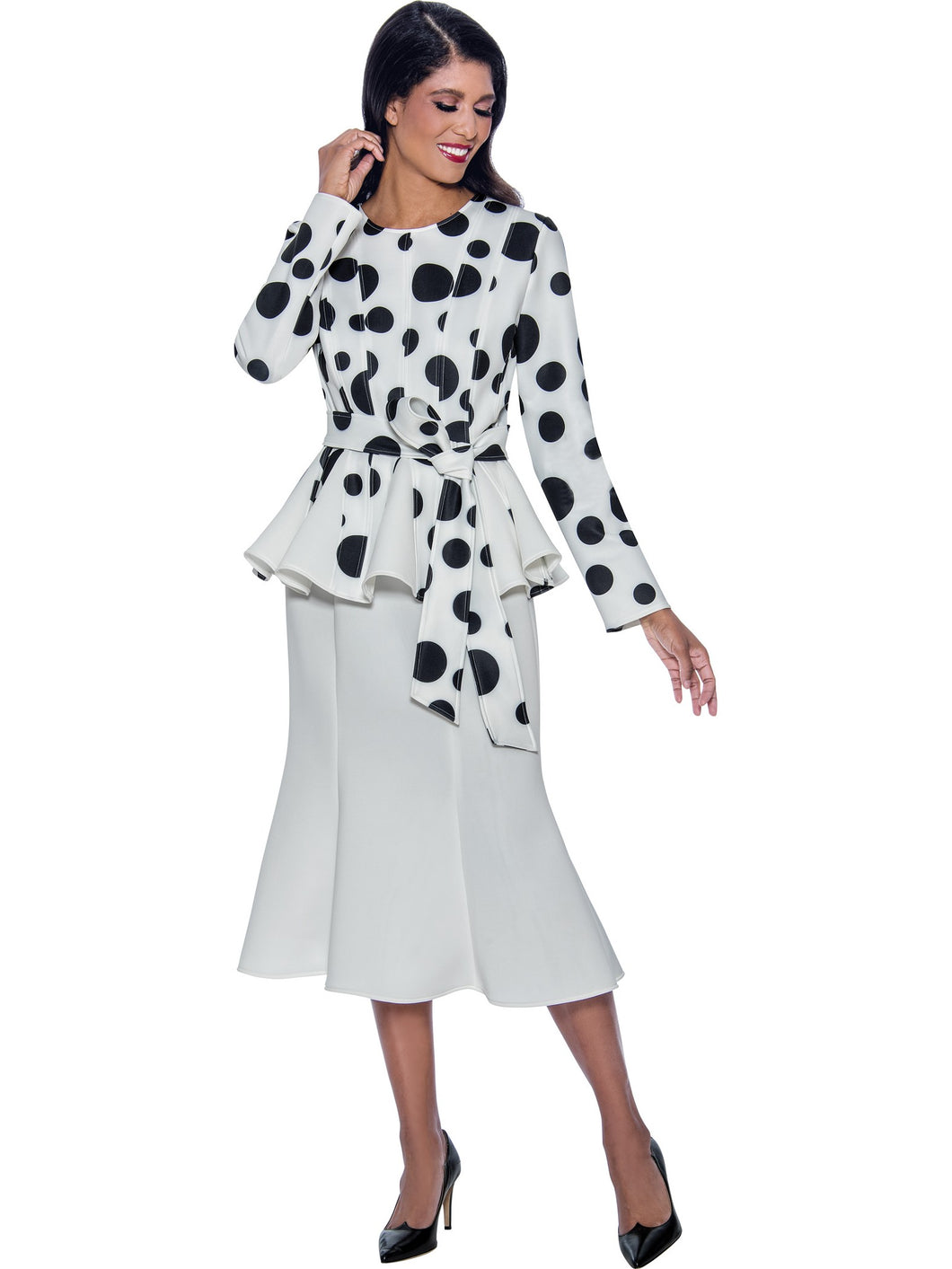 SL2002. 2Pc Jacket and Skirt Set. Belted Polka Dots Jacket with Pleated Peplum Waistline Available in Black / White color in Plus Sizes 16W-26W