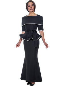 Elegant two piece stretch light scuba skirt set by Stellar Looks features peplum top with sash belt and portrait collar. Rhinestone trims. Available in Black or White in Women's Sizes 16W-26W