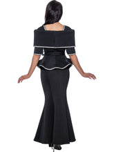 Elegant two piece stretch light scuba skirt set by Stellar Looks features peplum top with sash belt and portrait collar. Rhinestone trims. Available in Black or White in Women's Sizes 16W-26W